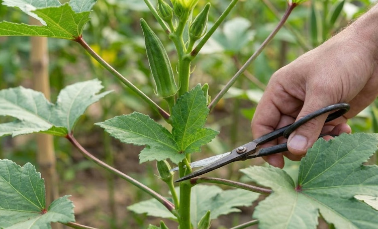 オクラの収穫量を増やす下葉かきのやり方・切る位置のイラスト図解